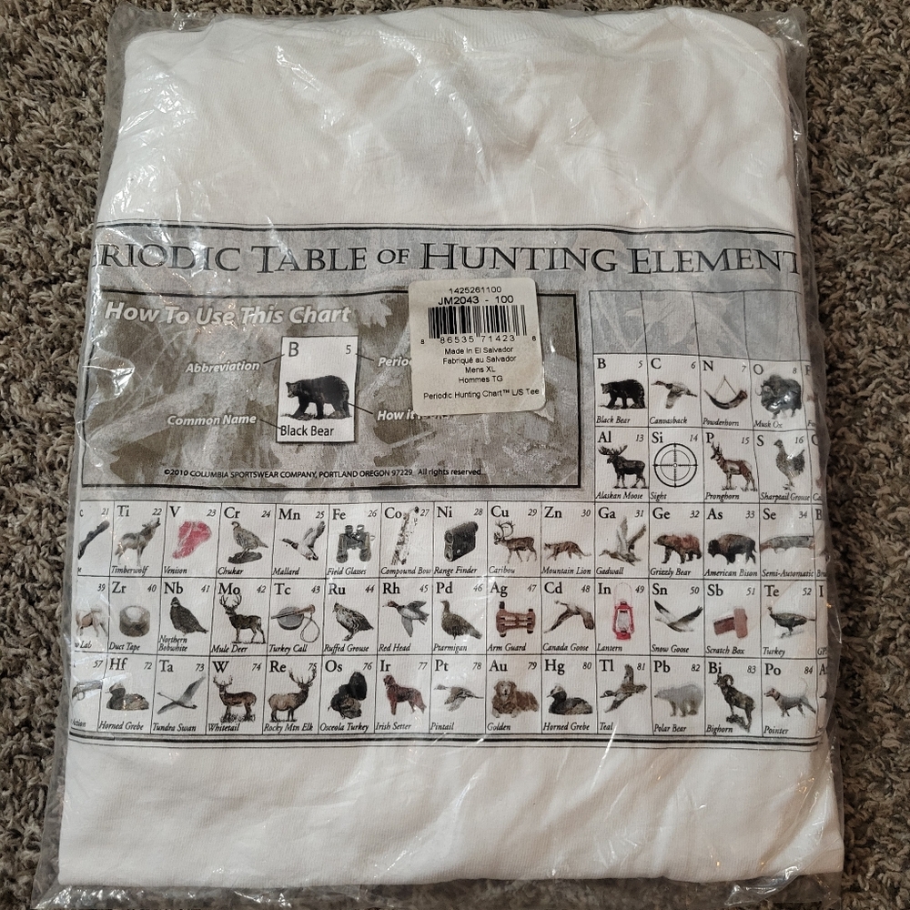 2010 NWT Columbia White Hunting Elements Periodic Table Graphic T-Shirt XL Mens